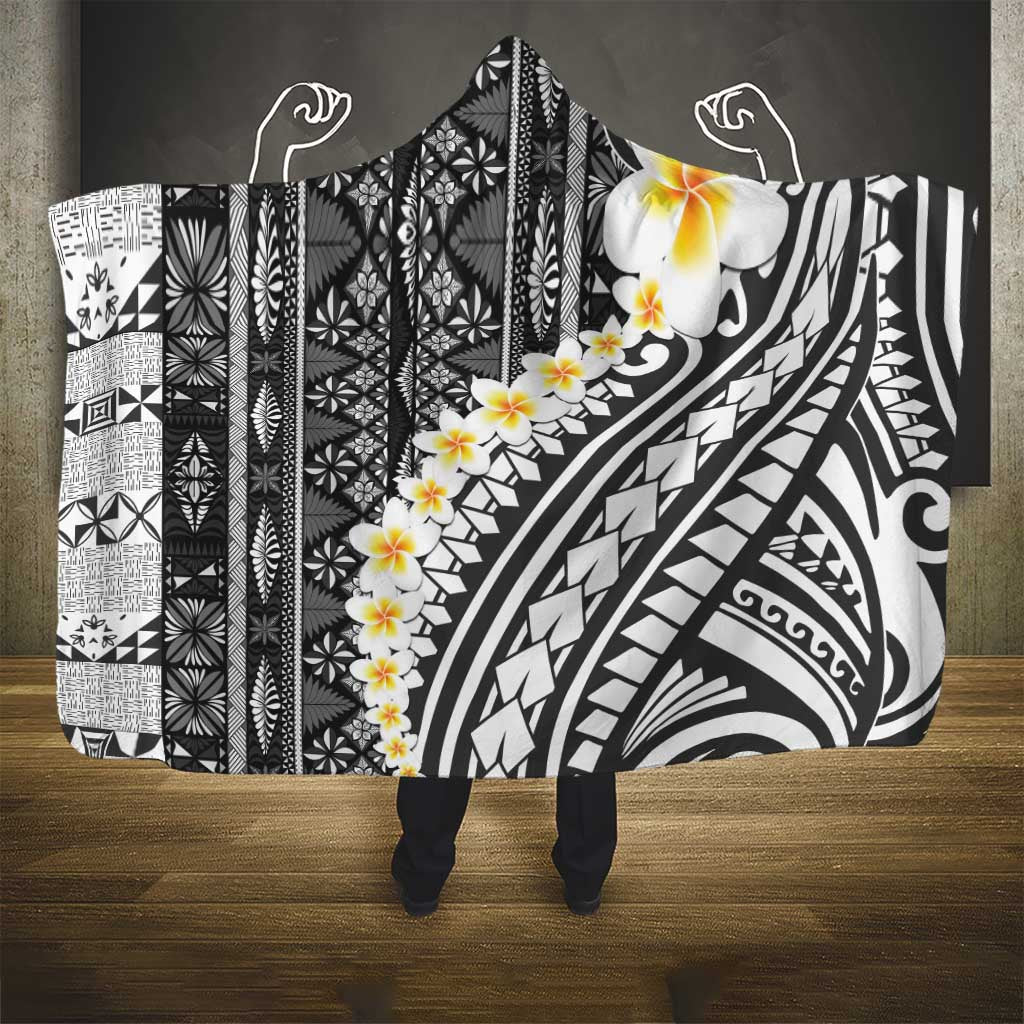 Black Vintage Tonga Ngatu Pattern With Plumeria Hooded Blanket - Polynesian Pride