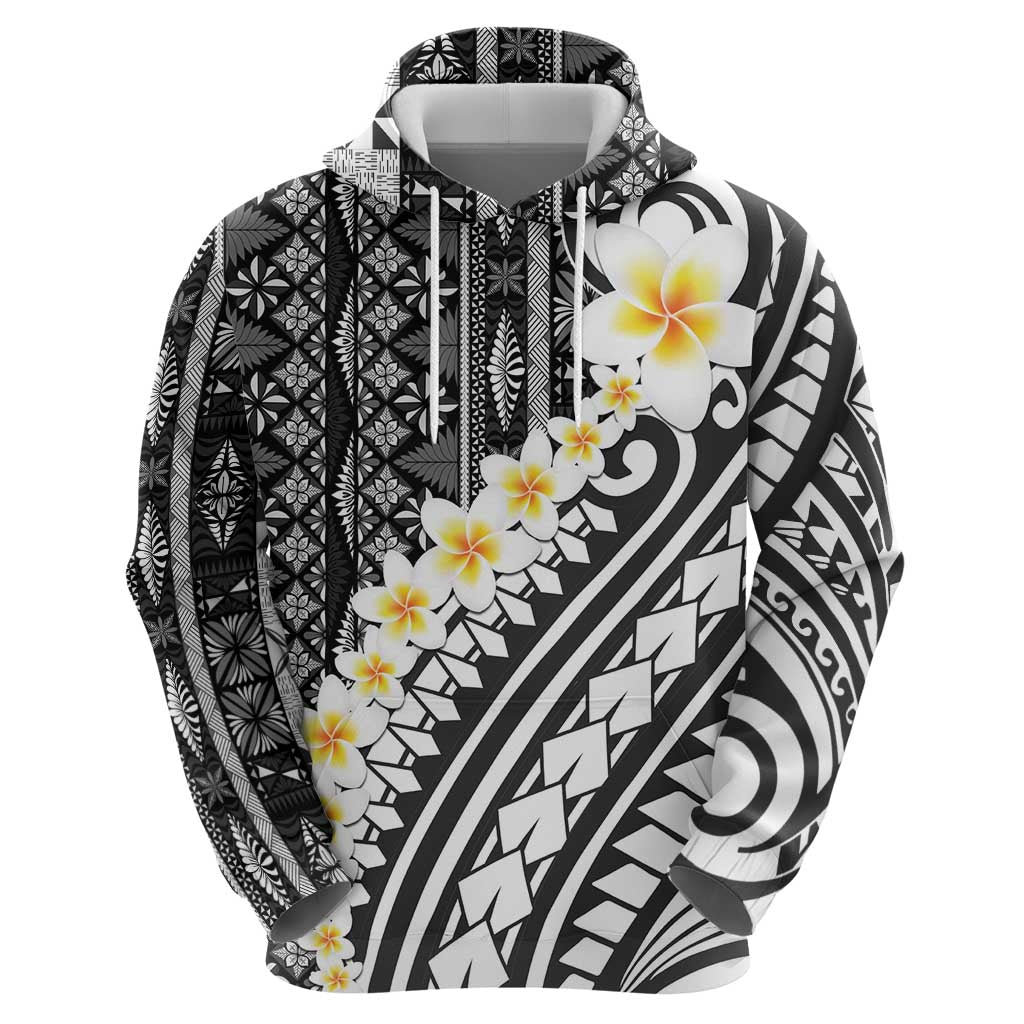 Black Vintage Tonga Ngatu Pattern With Plumeria Hoodie - Polynesian Pride