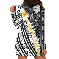 Black Vintage Tonga Ngatu Pattern With Plumeria Hoodie Dress - Polynesian Pride