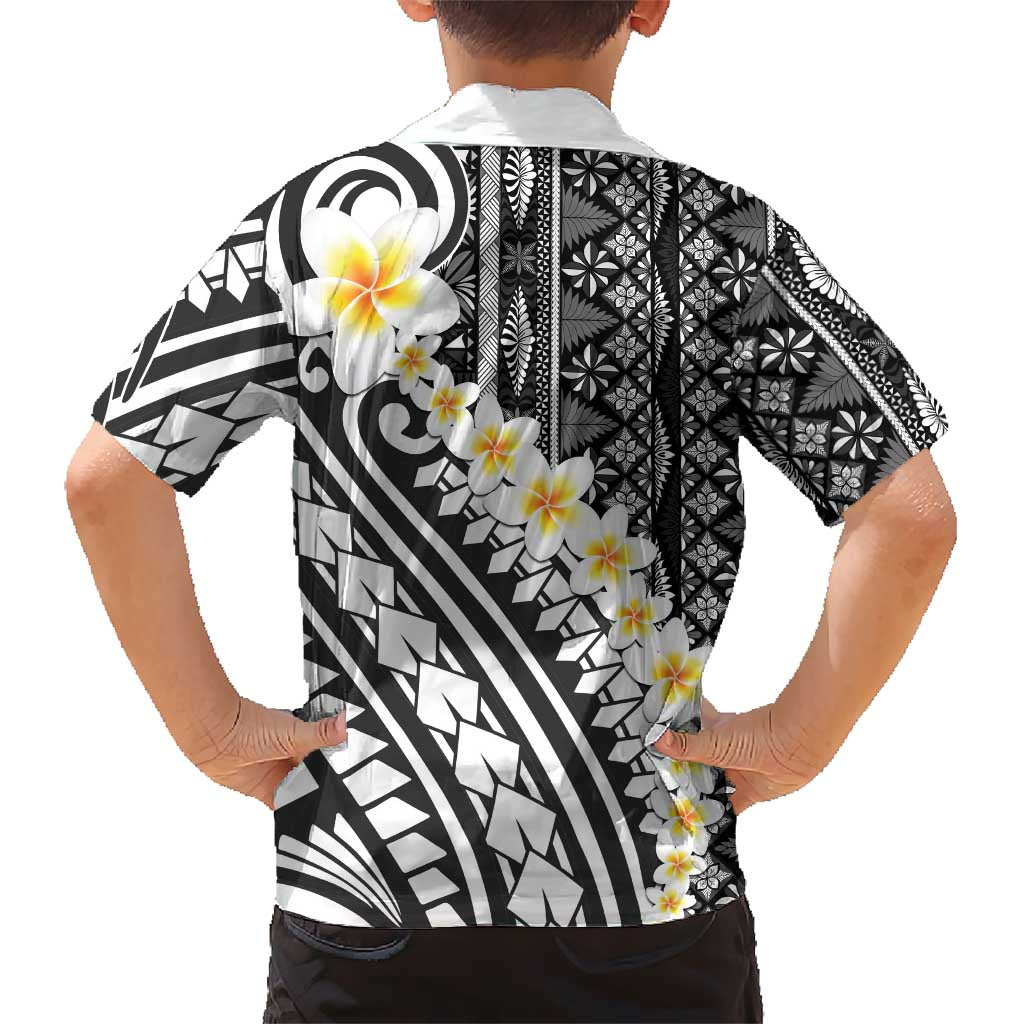 Black Vintage Tonga Ngatu Pattern With Plumeria Kid Hawaiian Shirt LT05 - Polynesian Pride