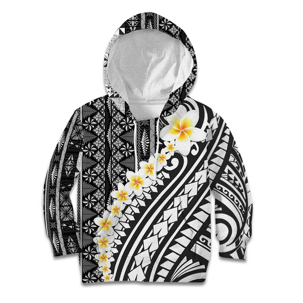Black Vintage Tonga Ngatu Pattern With Plumeria Kid Hoodie - Polynesian Pride