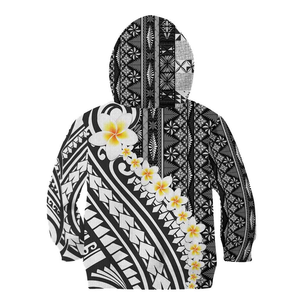 Black Vintage Tonga Ngatu Pattern With Plumeria Kid Hoodie - Polynesian Pride