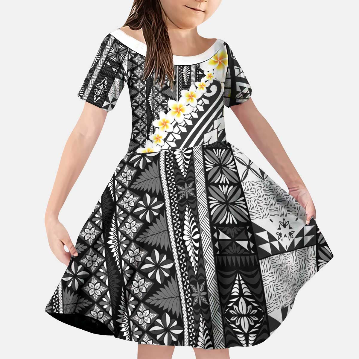 Black Vintage Tonga Ngatu Pattern With Plumeria Kid Short Sleeve Dress - Polynesian Pride