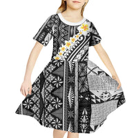 Black Vintage Tonga Ngatu Pattern With Plumeria Kid Short Sleeve Dress - Polynesian Pride