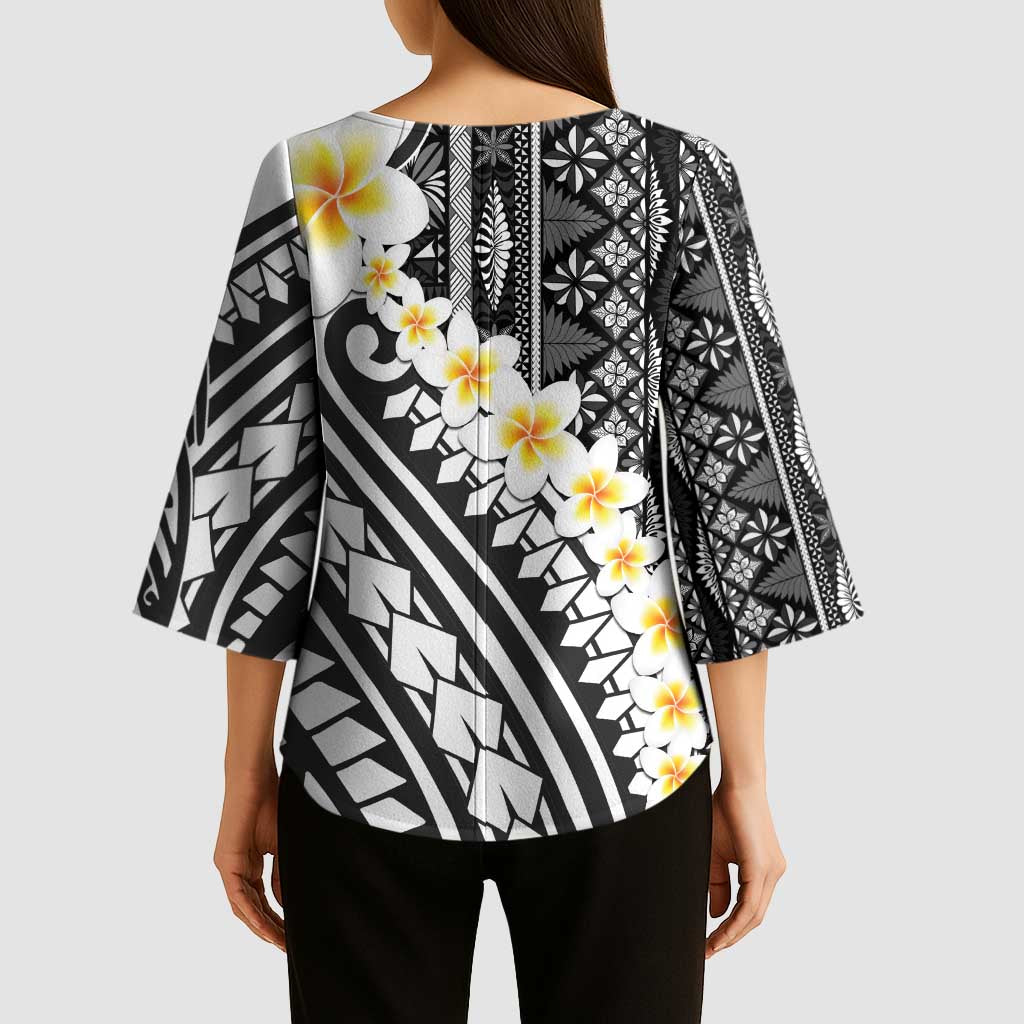 Black Vintage Tonga Ngatu Pattern With Plumeria Kimono Sleeve Blouse - Polynesian Pride