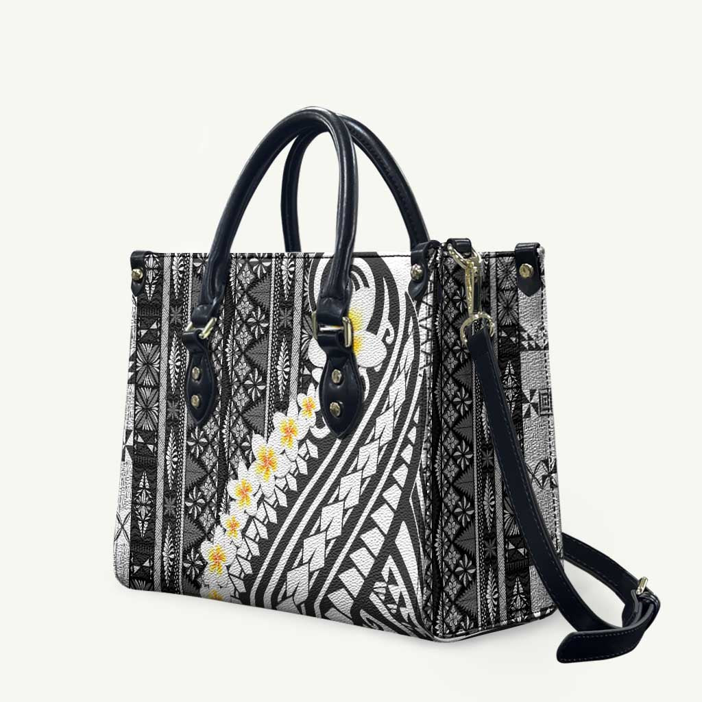 Black Vintage Tonga Ngatu Pattern With Plumeria Leather Bag LT05 Black - Polynesian Pride