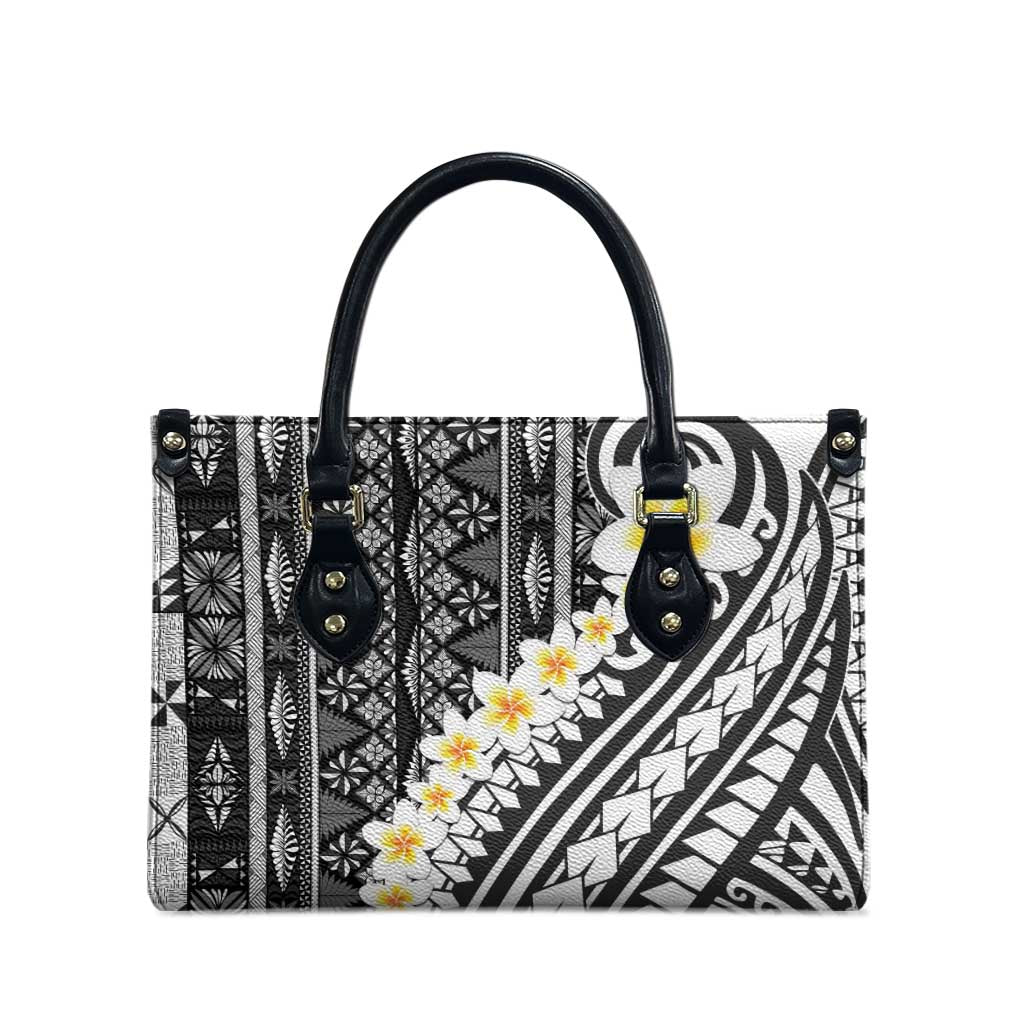 Black Vintage Tonga Ngatu Pattern With Plumeria Leather Bag - Polynesian Pride