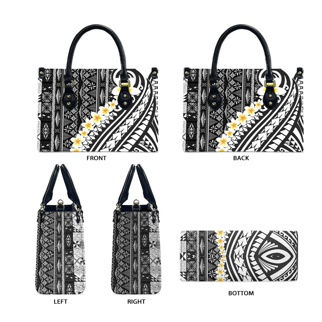 Black Vintage Tonga Ngatu Pattern With Plumeria Leather Bag - Polynesian Pride