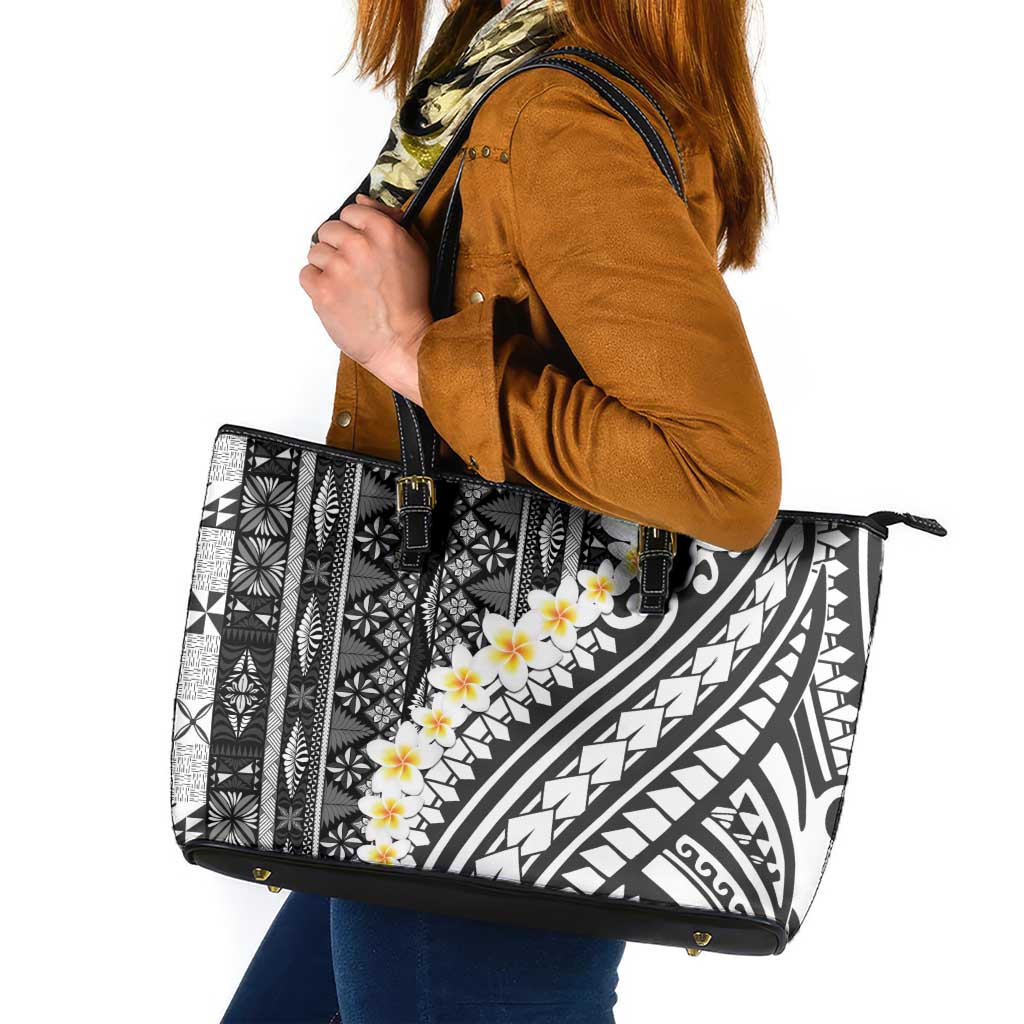 Black Vintage Tonga Ngatu Pattern With Plumeria Leather Tote Bag LT05 Black - Polynesian Pride