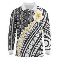 Black Vintage Tonga Ngatu Pattern With Plumeria Long Sleeve Polo Shirt - Polynesian Pride