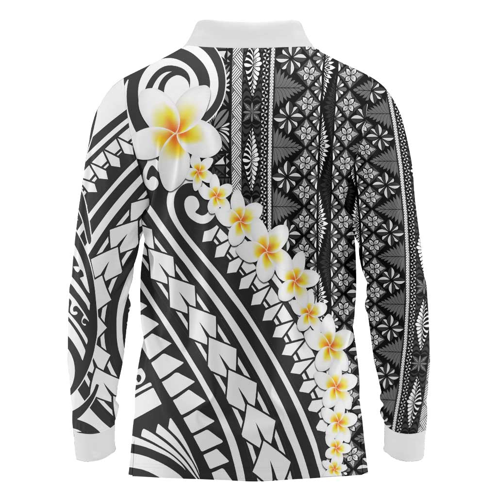 Black Vintage Tonga Ngatu Pattern With Plumeria Long Sleeve Polo Shirt - Polynesian Pride