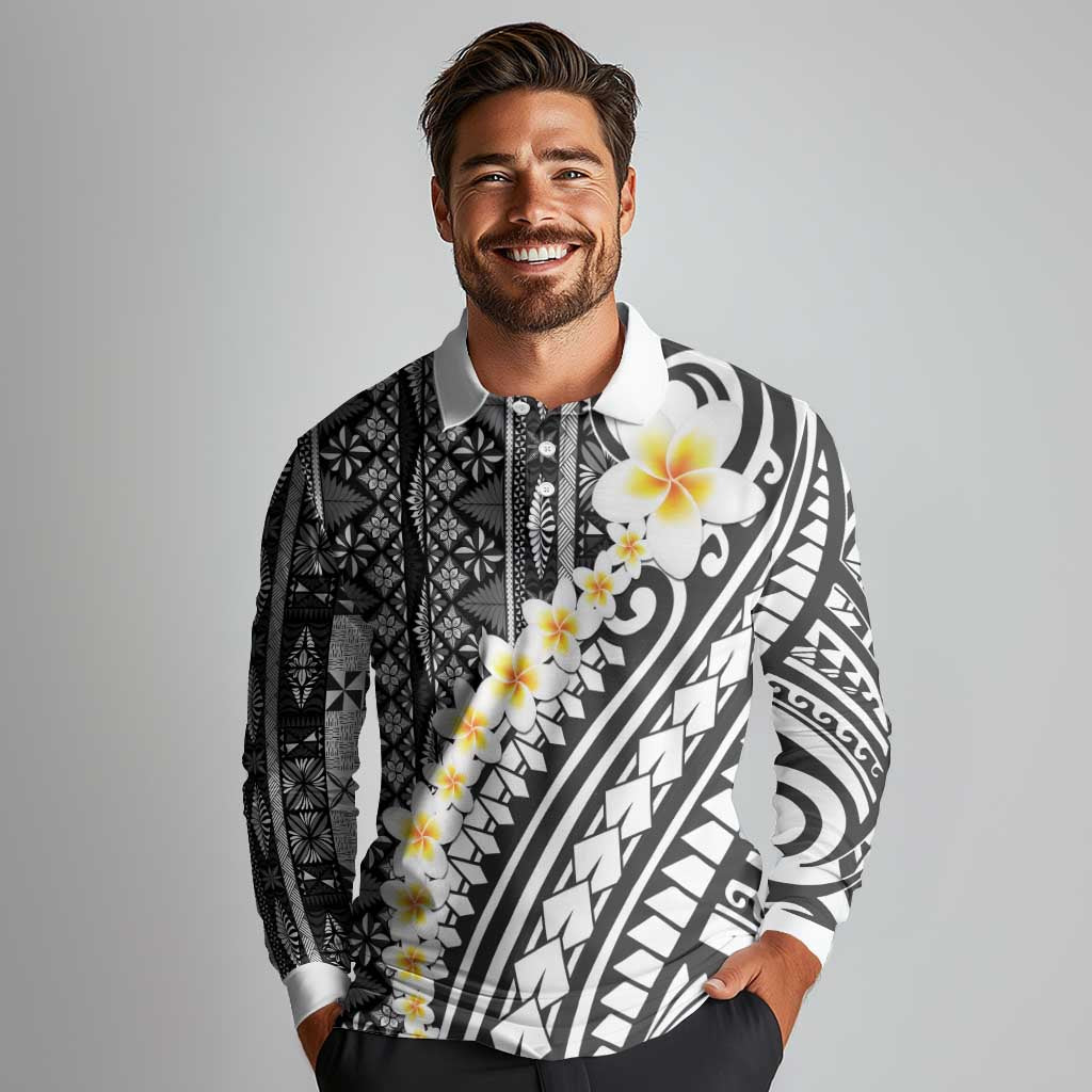 Black Vintage Tonga Ngatu Pattern With Plumeria Long Sleeve Polo Shirt - Polynesian Pride