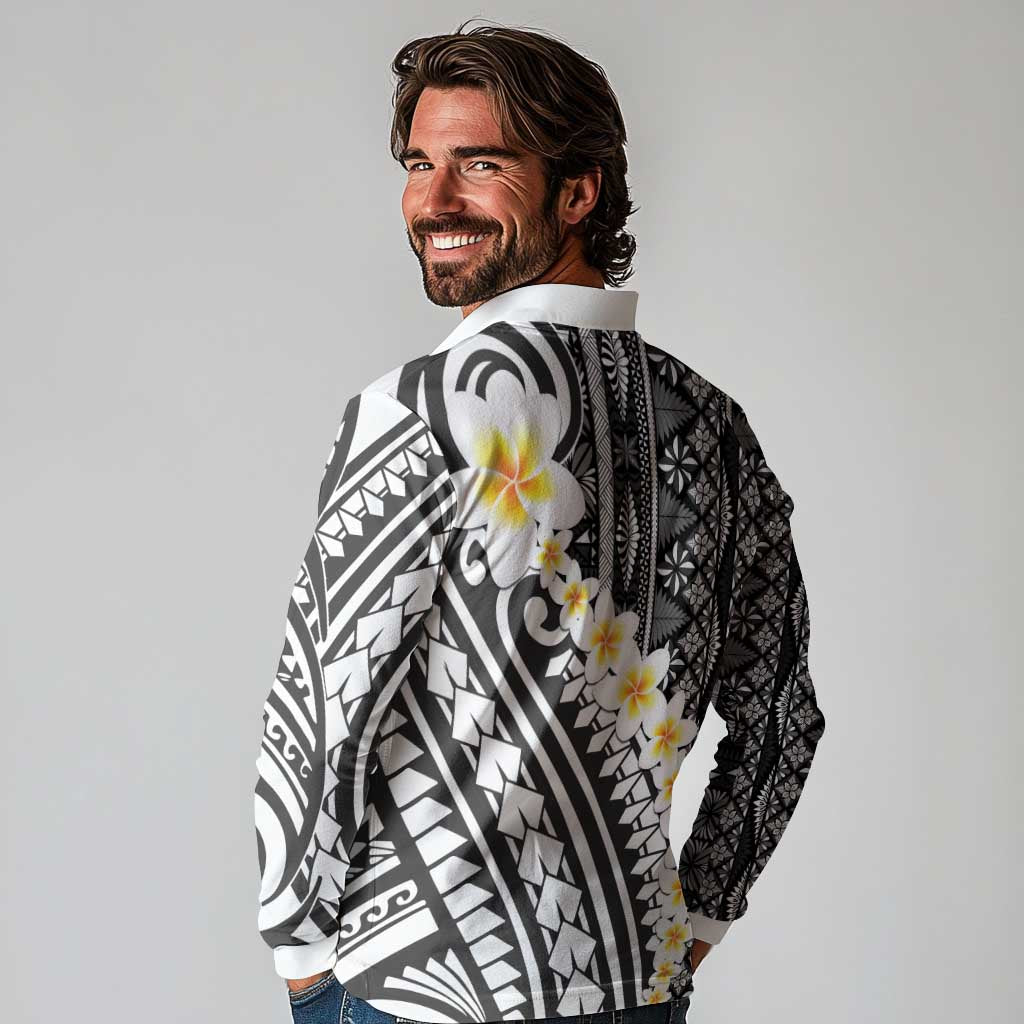 Black Vintage Tonga Ngatu Pattern With Plumeria Long Sleeve Polo Shirt - Polynesian Pride