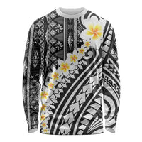 Black Vintage Tonga Ngatu Pattern With Plumeria Long Sleeve Shirt LT05 Unisex Black - Polynesian Pride