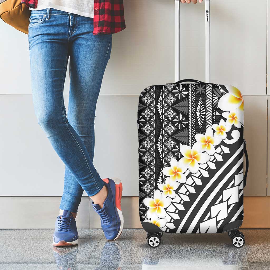Black Vintage Tonga Ngatu Pattern With Plumeria Luggage Cover - Polynesian Pride