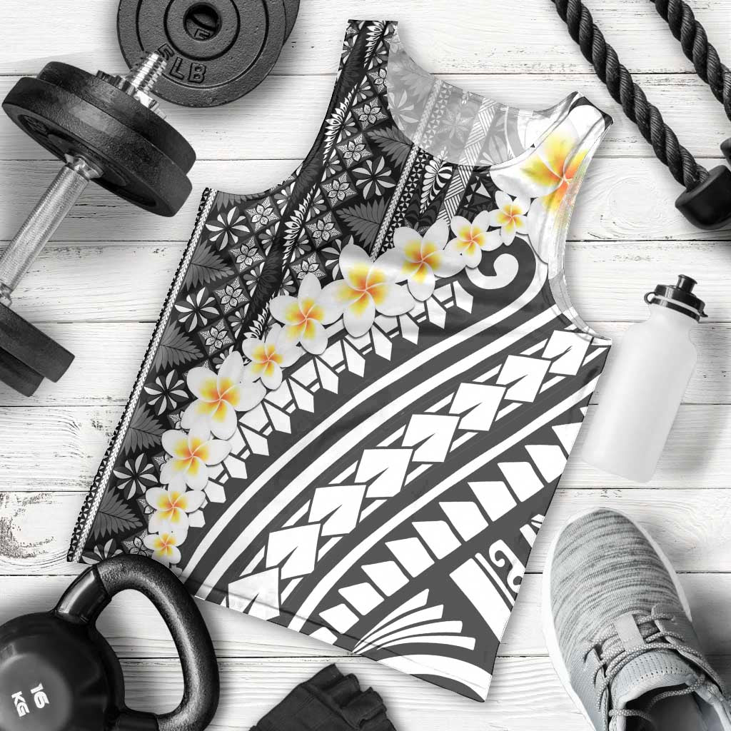 Black Vintage Tonga Ngatu Pattern With Plumeria Men Tank Top - Polynesian Pride