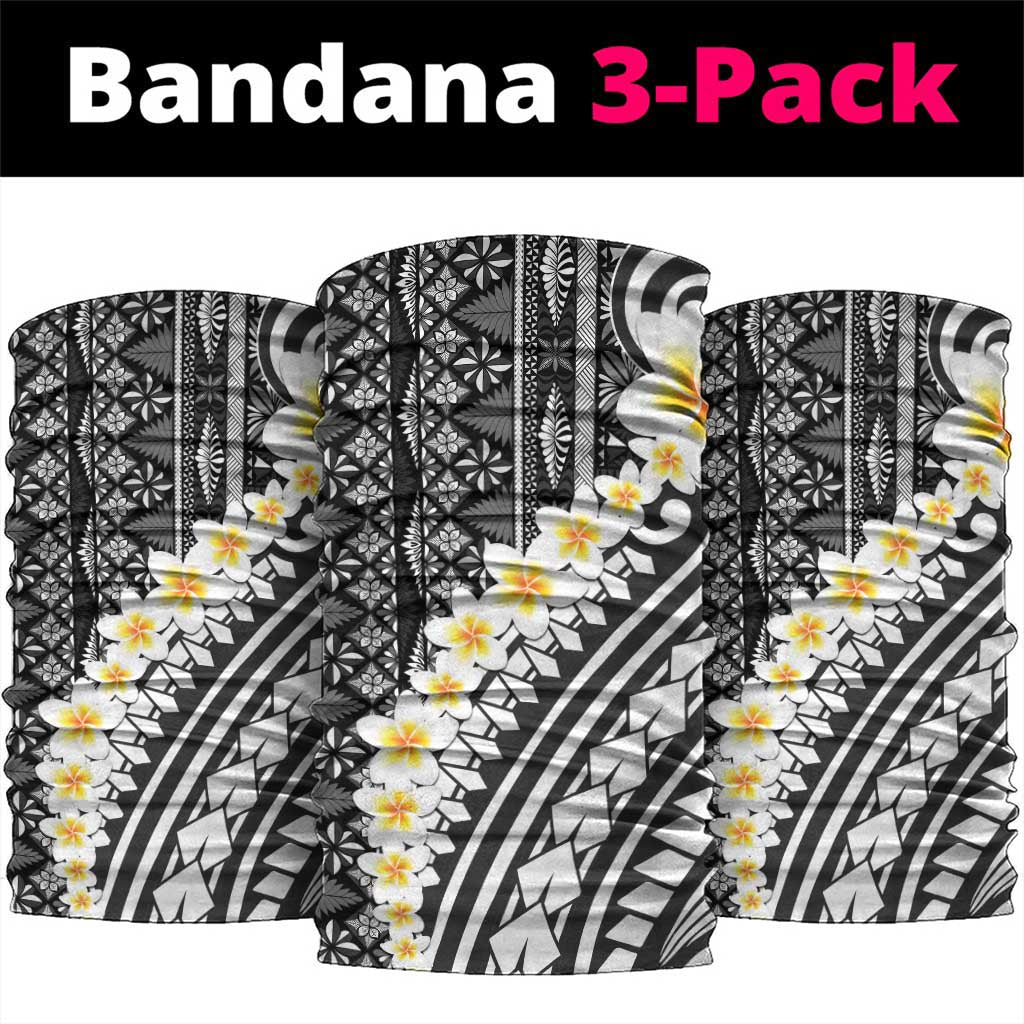 Black Vintage Tonga Ngatu Pattern With Plumeria Neck Gaiter - Polynesian Pride