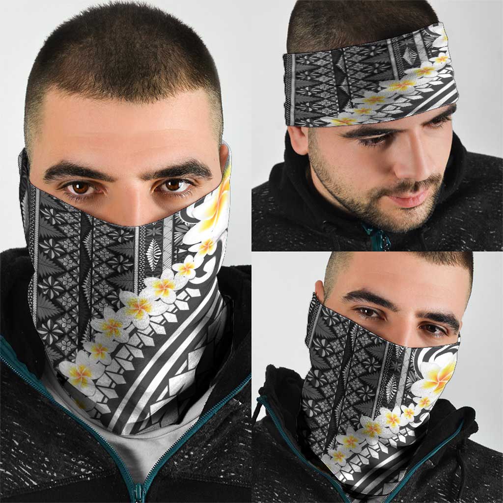 Black Vintage Tonga Ngatu Pattern With Plumeria Neck Gaiter - Polynesian Pride