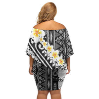 Black Vintage Tonga Ngatu Pattern With Plumeria Off Shoulder Short Dress - Polynesian Pride