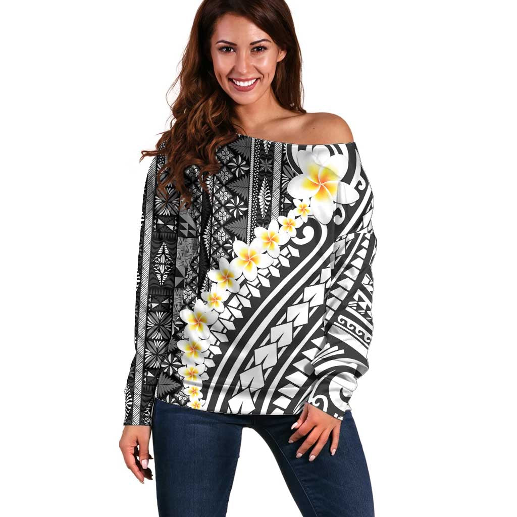 Black Vintage Tonga Ngatu Pattern With Plumeria Off Shoulder Sweater LT05 Women Black - Polynesian Pride