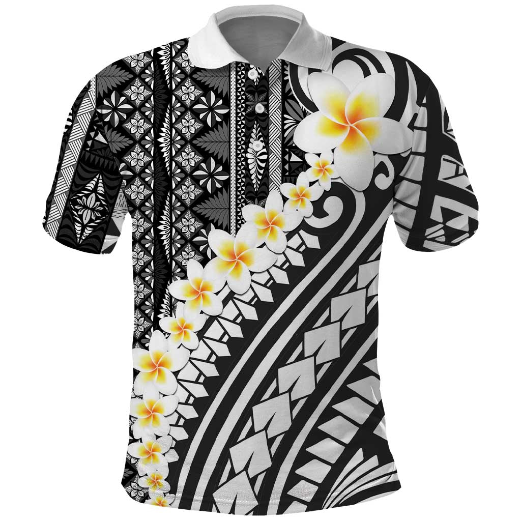 Black Vintage Tonga Ngatu Pattern With Plumeria Polo Shirt - Polynesian Pride