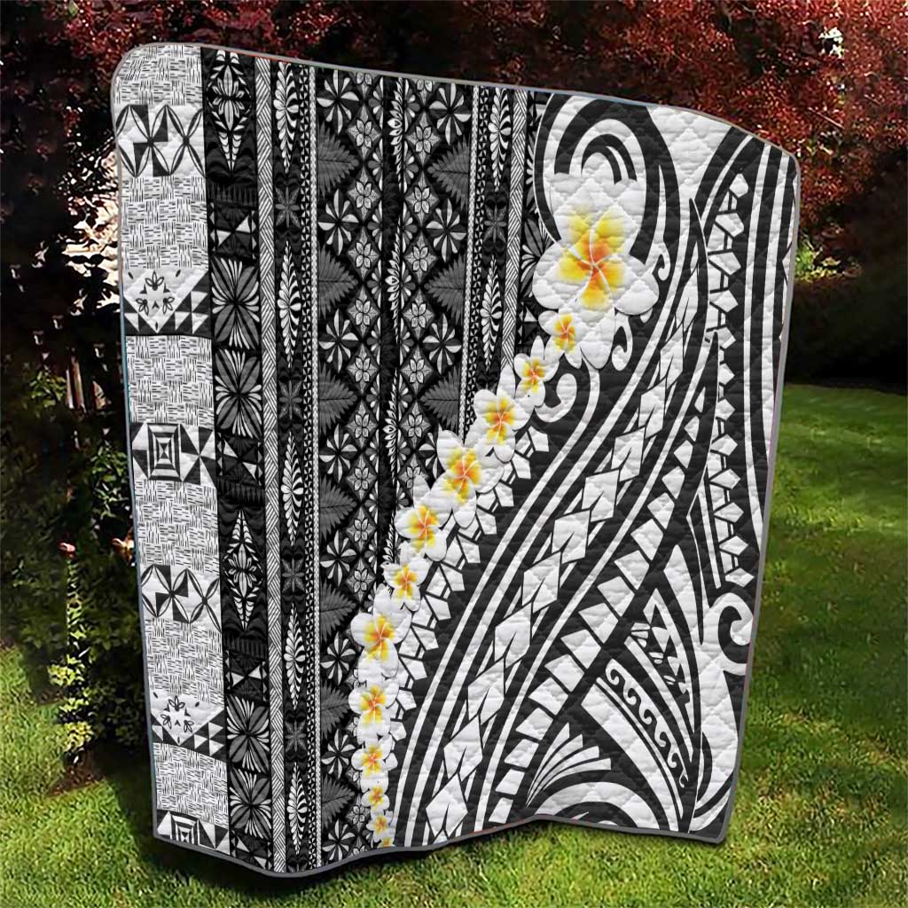 Black Vintage Tonga Ngatu Pattern With Plumeria Quilt - Polynesian Pride