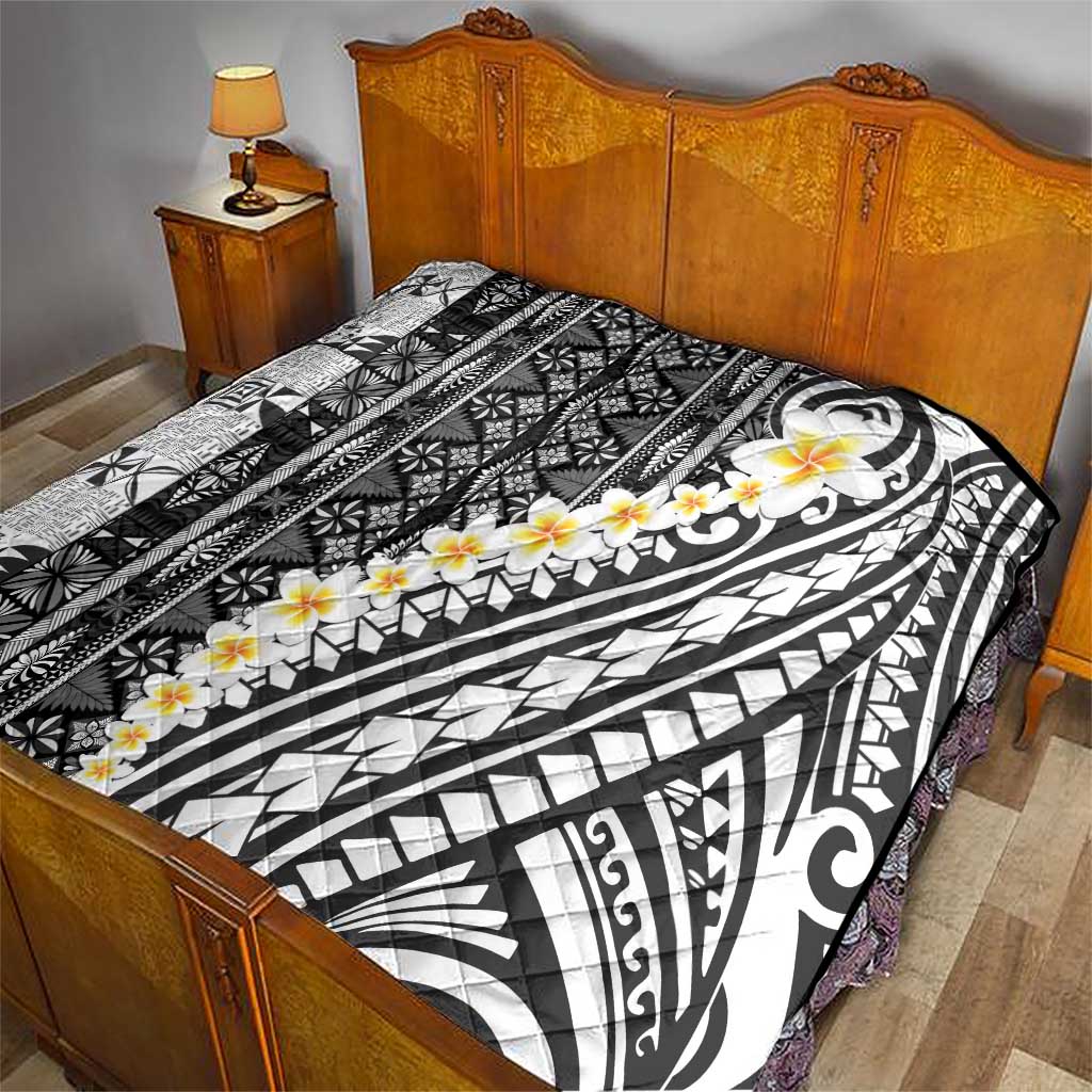 Black Vintage Tonga Ngatu Pattern With Plumeria Quilt - Polynesian Pride