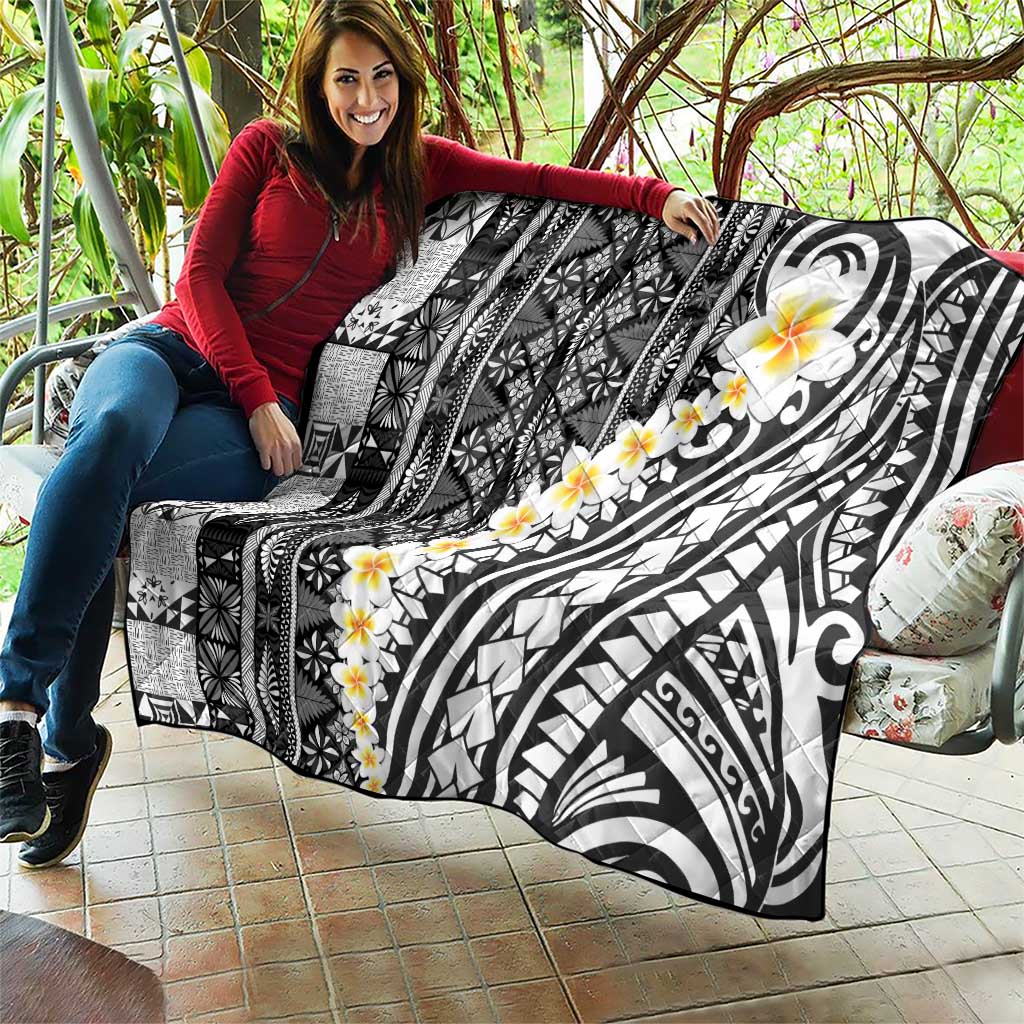 Black Vintage Tonga Ngatu Pattern With Plumeria Quilt - Polynesian Pride
