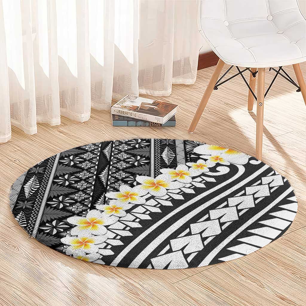 Black Vintage Tonga Ngatu Pattern With Plumeria Round Carpet - Polynesian Pride