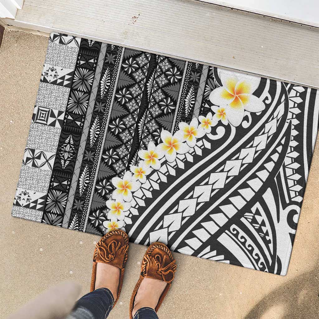 Black Vintage Tonga Ngatu Pattern With Plumeria Rubber Doormat - Polynesian Pride
