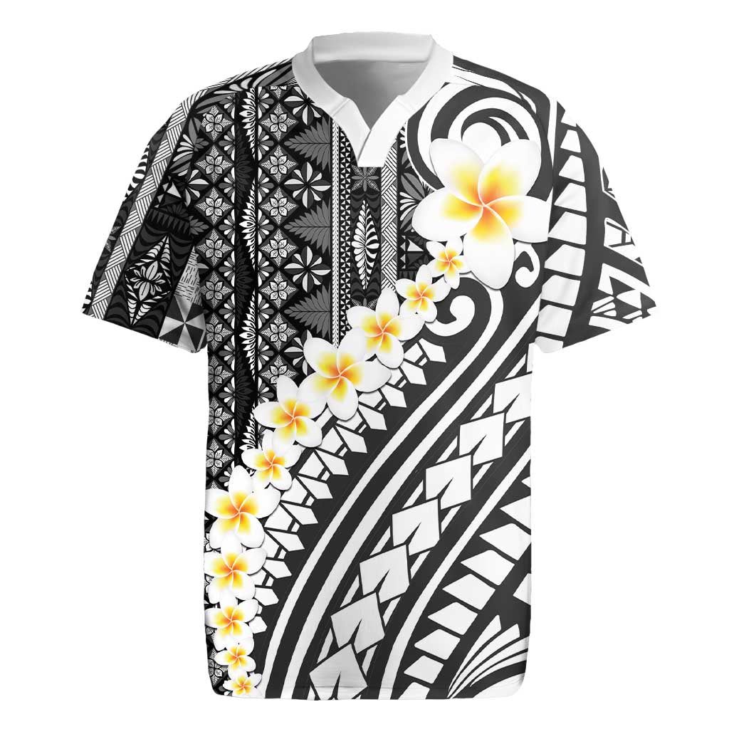 Black Vintage Tonga Ngatu Pattern With Plumeria Rugby Jersey LT05 Black - Polynesian Pride