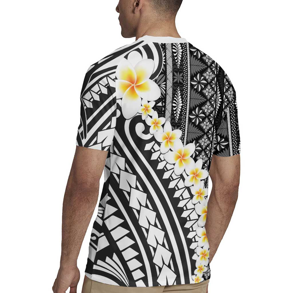 Black Vintage Tonga Ngatu Pattern With Plumeria Rugby Jersey - Polynesian Pride