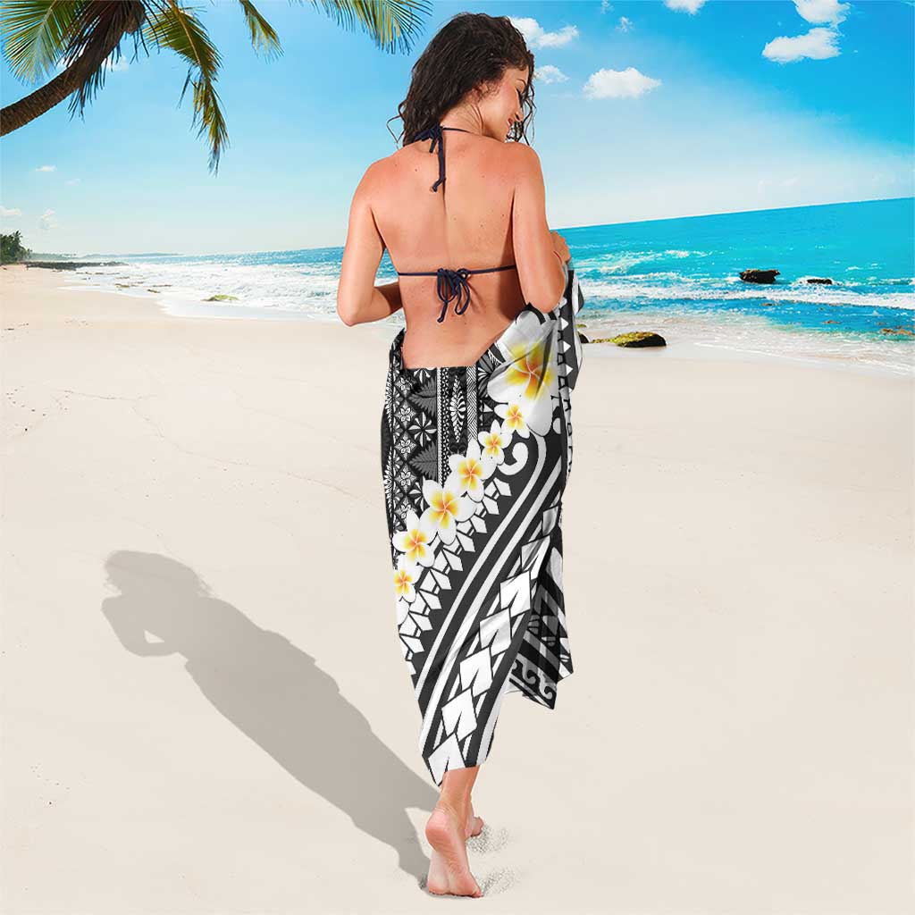 Black Vintage Tonga Ngatu Pattern With Plumeria Sarong - Polynesian Pride
