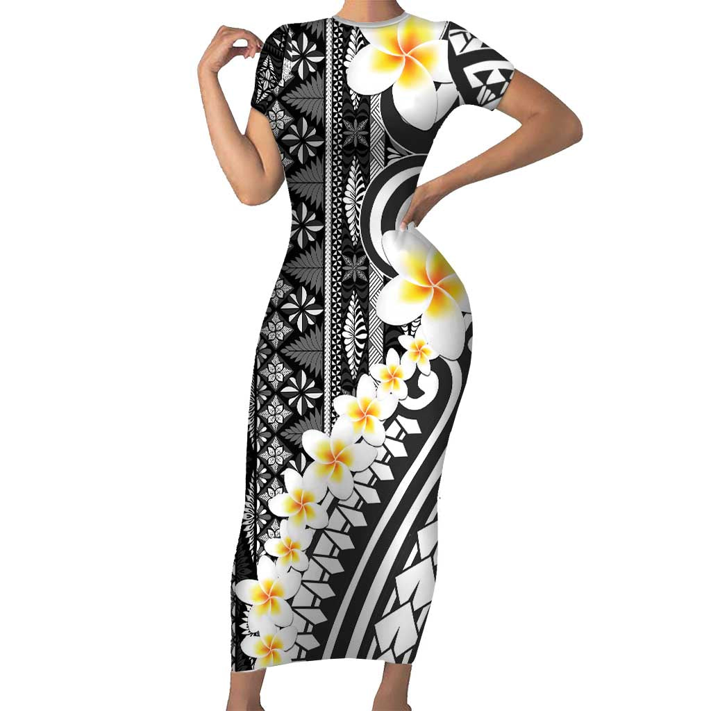 Black Vintage Tonga Ngatu Pattern With Plumeria Short Sleeve Bodycon Dress - Polynesian Pride