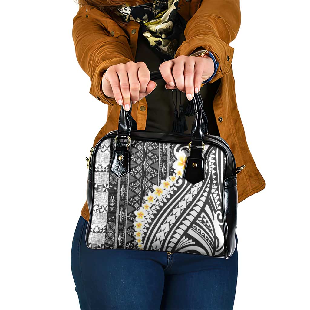 Black Vintage Tonga Ngatu Pattern With Plumeria Shoulder Handbag LT05 One Size Black - Polynesian Pride