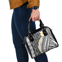 Black Vintage Tonga Ngatu Pattern With Plumeria Shoulder Handbag - Polynesian Pride