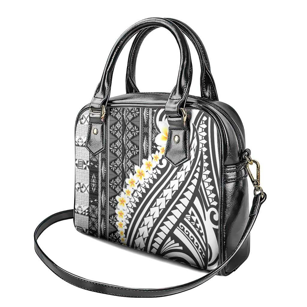 Black Vintage Tonga Ngatu Pattern With Plumeria Shoulder Handbag - Polynesian Pride