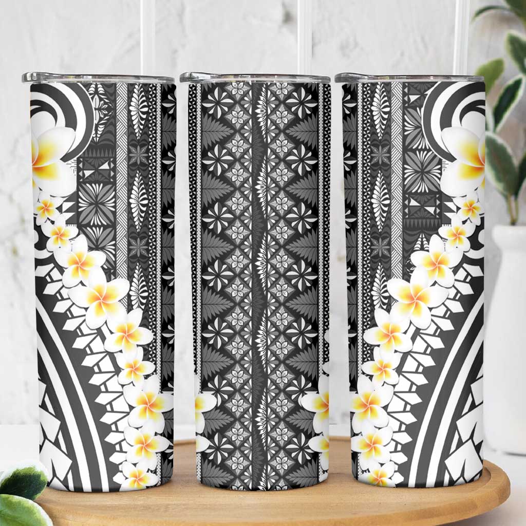 Black Vintage Tonga Ngatu Pattern With Plumeria Skinny Tumbler - Polynesian Pride