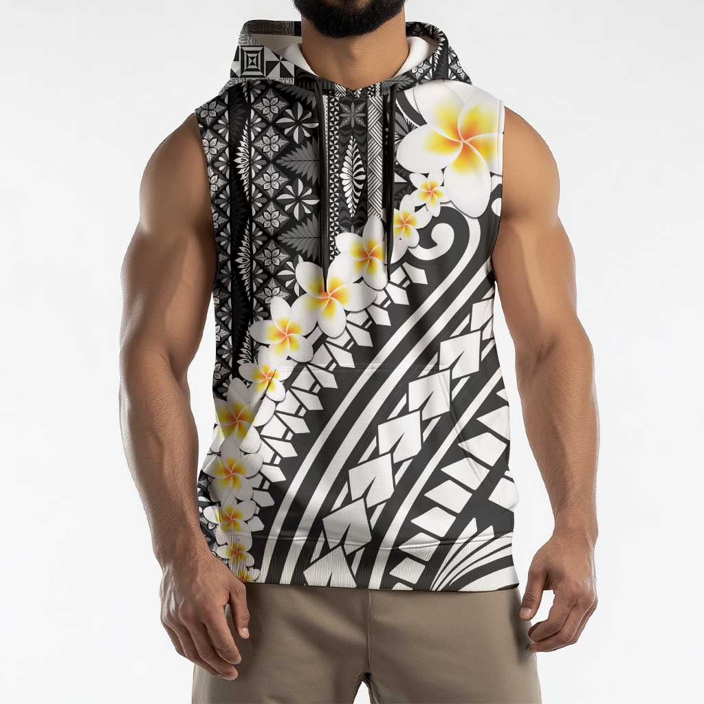 Black Vintage Tonga Ngatu Pattern With Plumeria Sleeveless Hoodie - Polynesian Pride