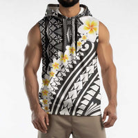 Black Vintage Tonga Ngatu Pattern With Plumeria Sleeveless Hoodie - Polynesian Pride