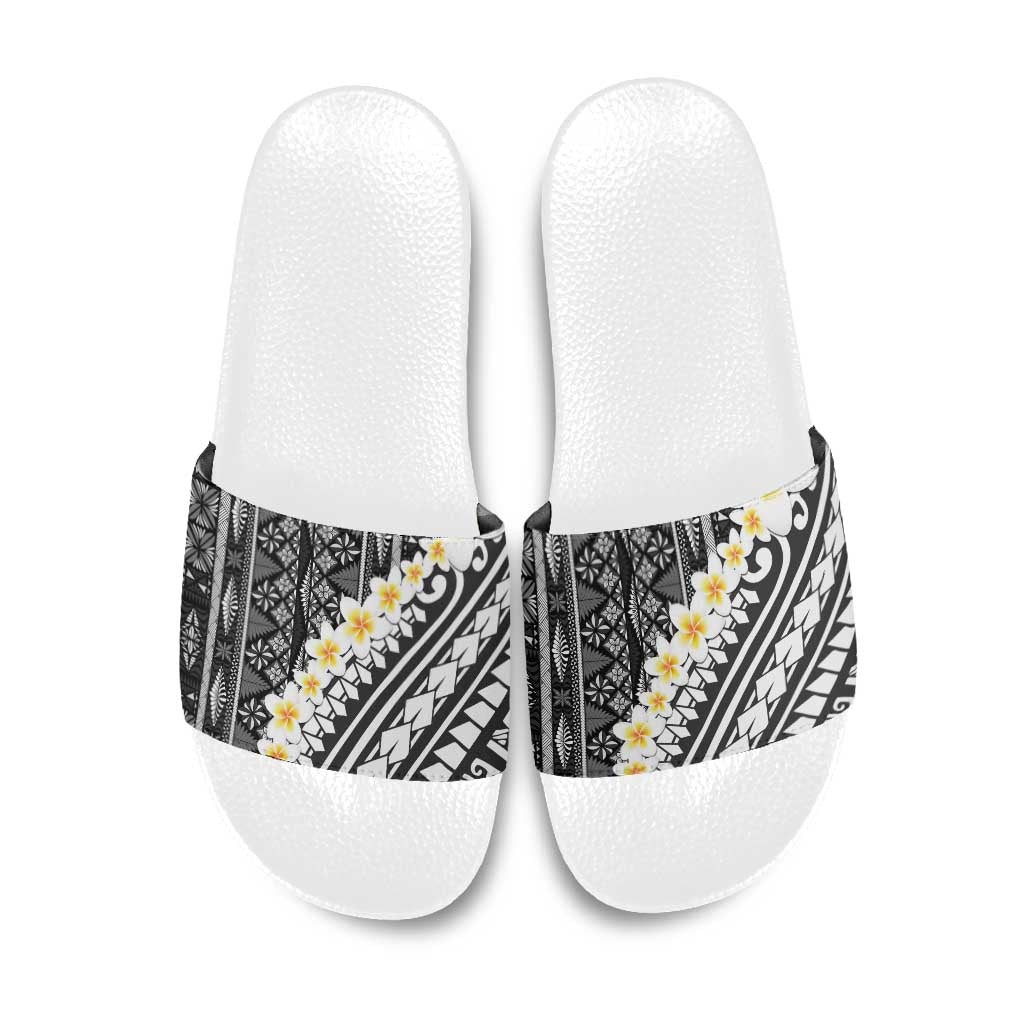 Black Vintage Tonga Ngatu Pattern With Plumeria Slide Sandals - Polynesian Pride
