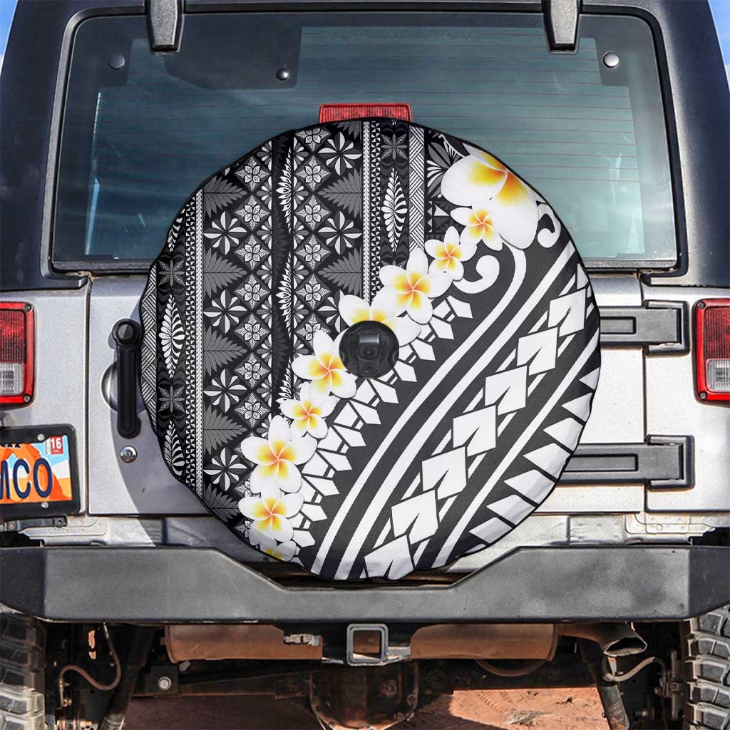 Black Vintage Tonga Ngatu Pattern With Plumeria Spare Tire Cover LT05 Black - Polynesian Pride