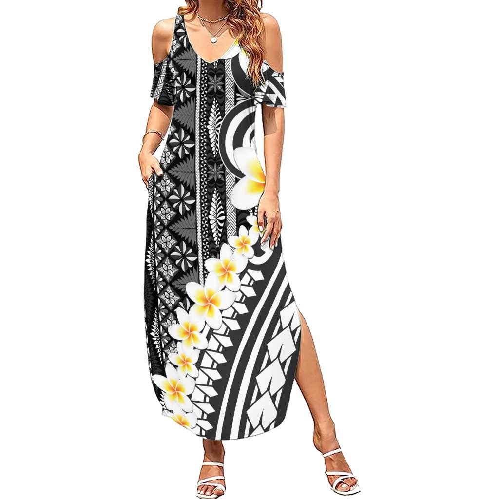 Black Vintage Tonga Ngatu Pattern With Plumeria Summer Maxi Dress - Polynesian Pride