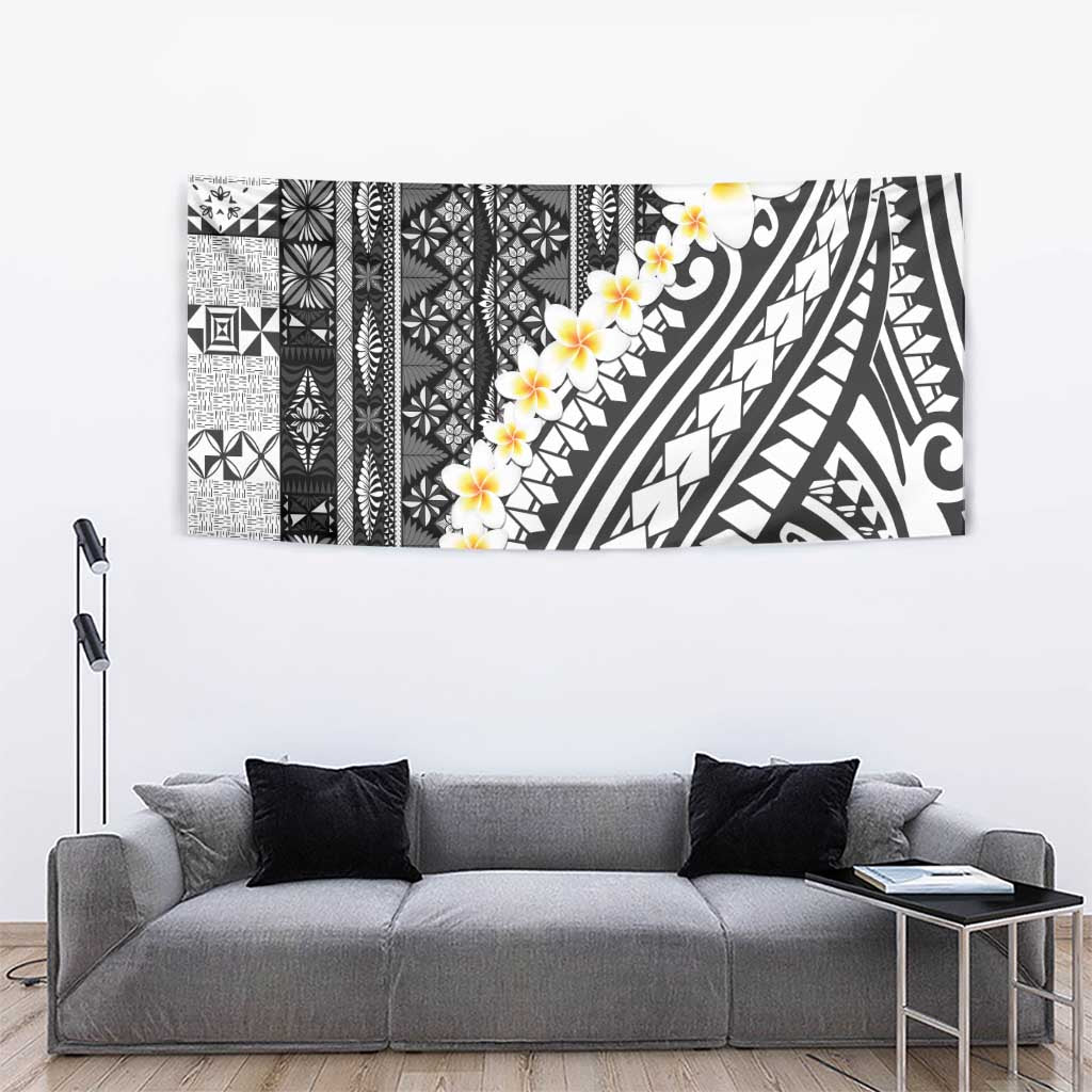 Black Vintage Tonga Ngatu Pattern With Plumeria Tapestry - Polynesian Pride