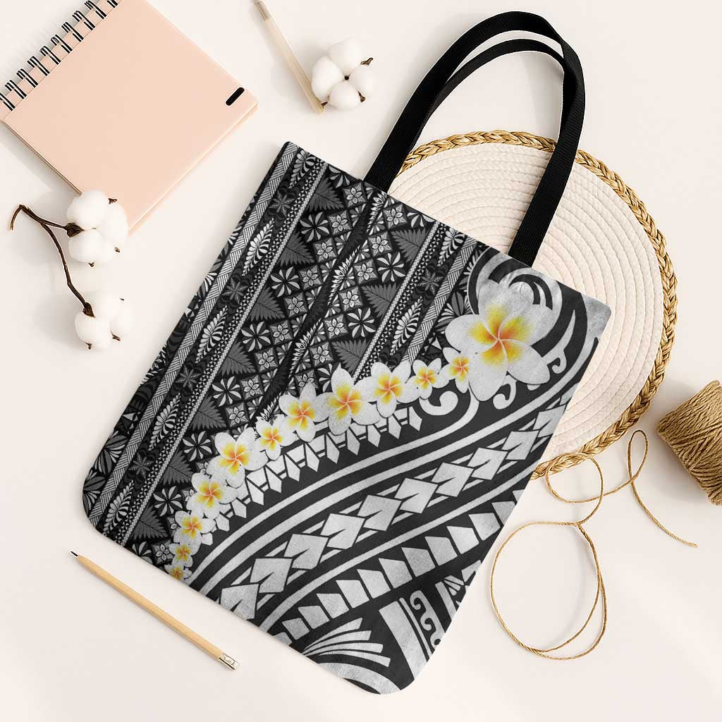 Black Vintage Tonga Ngatu Pattern With Plumeria Tote Bag LT05 Black Strap One Size Black - Polynesian Pride