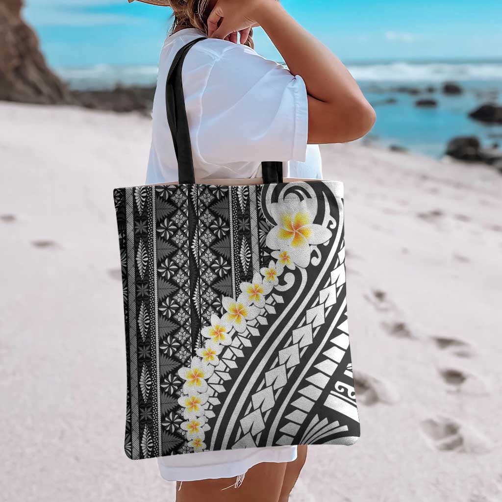 Black Vintage Tonga Ngatu Pattern With Plumeria Tote Bag - Polynesian Pride