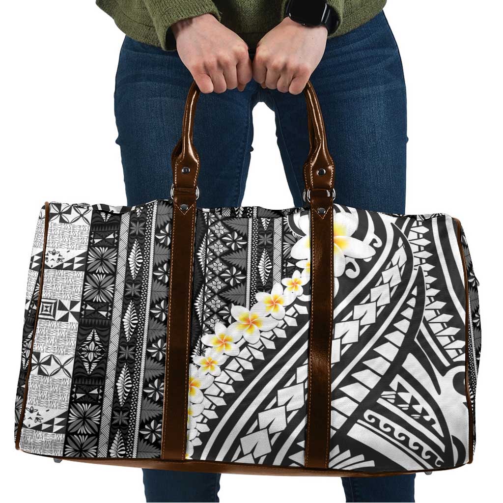 Black Vintage Tonga Ngatu Pattern With Plumeria Travel Bag - Polynesian Pride