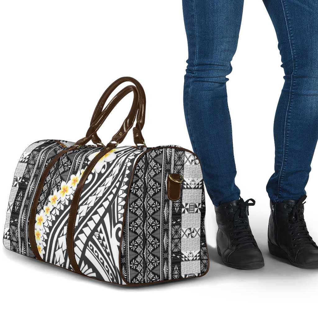 Black Vintage Tonga Ngatu Pattern With Plumeria Travel Bag - Polynesian Pride
