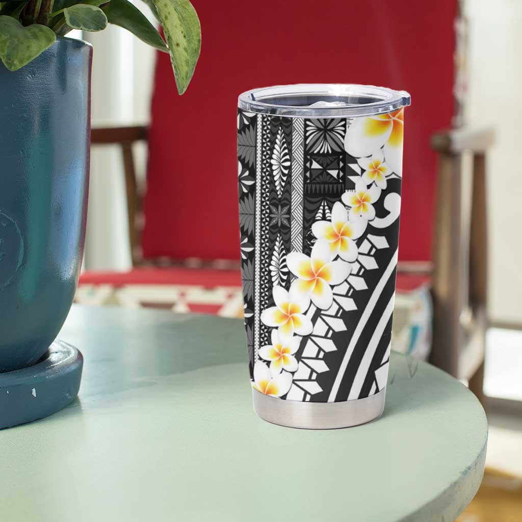 Black Vintage Tonga Ngatu Pattern With Plumeria Tumbler Cup - Polynesian Pride