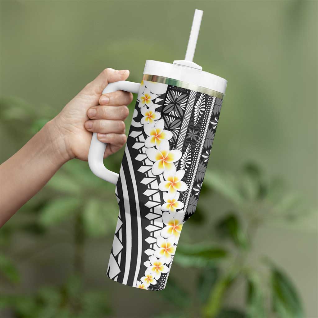 Black Vintage Tonga Ngatu Pattern With Plumeria Tumbler With Handle - Polynesian Pride